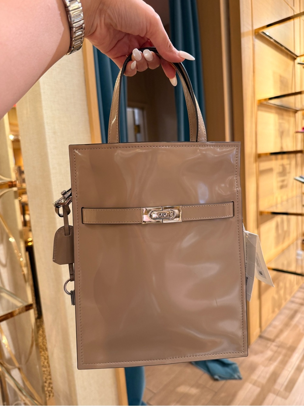 Tory Burch Lee Radziwill Small Shopper Tote Desert Palm Patent Leather Bag RARE - Picture 2 of 15
